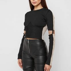 Woman Tops TOPS & T SHIRTS Ribbed Split Sleeve Top - Black/Beige