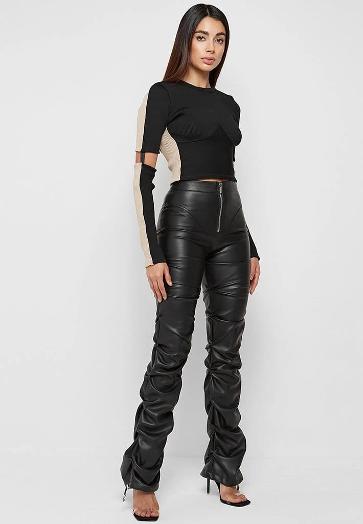 Woman Tops TOPS & T SHIRTS Ribbed Split Sleeve Top - Black/Beige