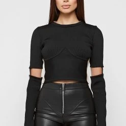 Woman Tops TOPS & T SHIRTS Ribbed Split Sleeve Top - Black/Beige