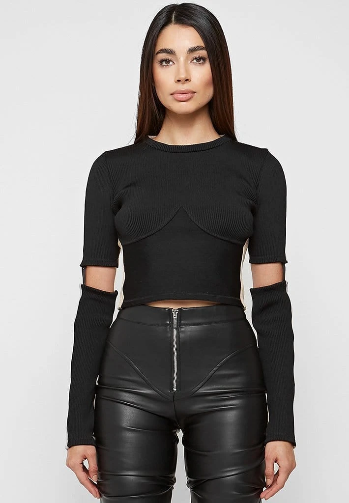 Woman Tops TOPS & T SHIRTS Ribbed Split Sleeve Top - Black/Beige