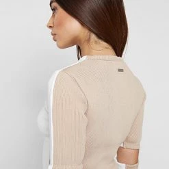 Woman Tops Ribbed Split Sleeve Top - White/Beige TOPS & T SHIRTS