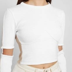 Woman Tops Ribbed Split Sleeve Top - White/Beige TOPS & T SHIRTS