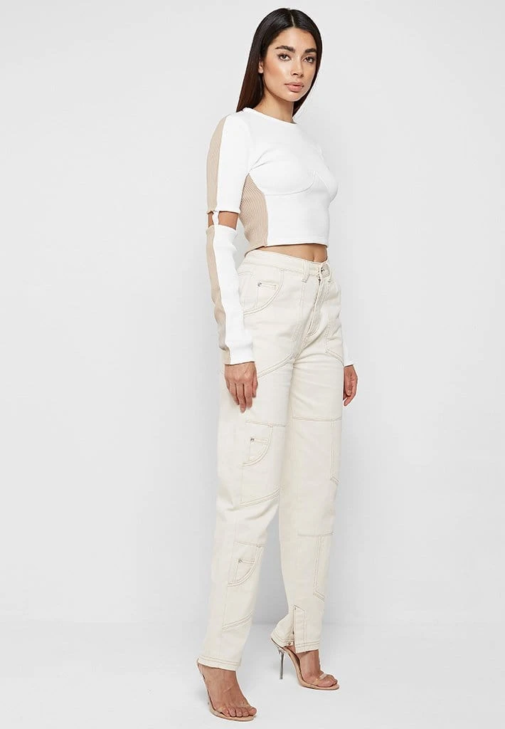 Woman Tops Ribbed Split Sleeve Top - White/Beige TOPS & T SHIRTS