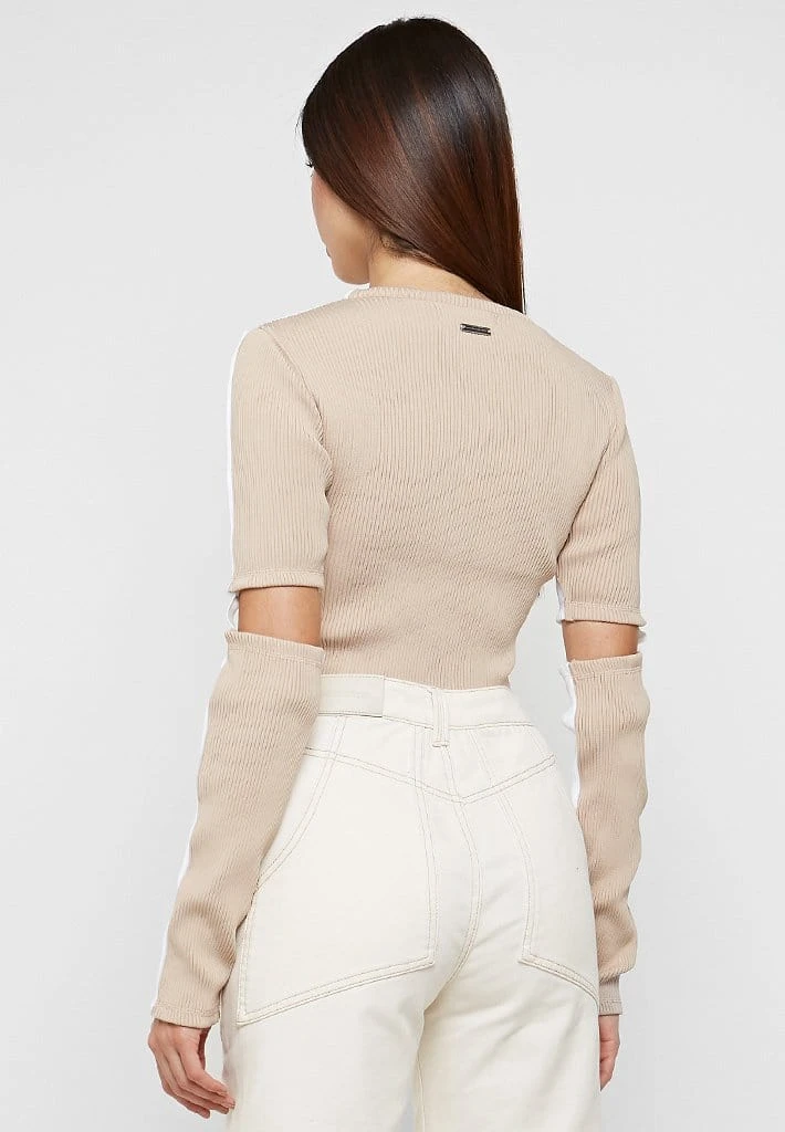 Woman Tops Ribbed Split Sleeve Top - White/Beige TOPS & T SHIRTS