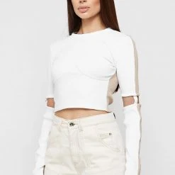 Woman Tops Ribbed Split Sleeve Top - White/Beige TOPS & T SHIRTS