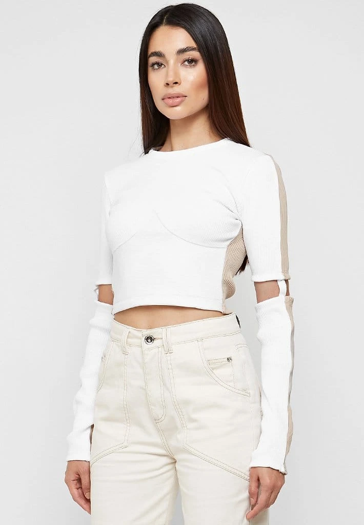 Woman Tops Ribbed Split Sleeve Top - White/Beige TOPS & T SHIRTS