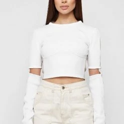 Woman Tops Ribbed Split Sleeve Top - White/Beige TOPS & T SHIRTS