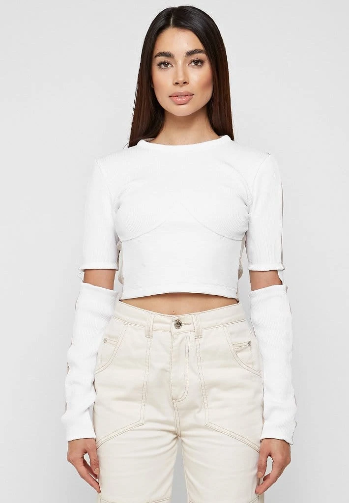 Woman Tops Ribbed Split Sleeve Top - White/Beige TOPS & T SHIRTS