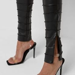 Woman Leggings Ribbed Vegan Leather Leggings - Black
