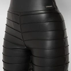 Woman Leggings Ribbed Vegan Leather Leggings - Black