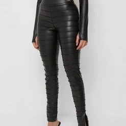 Woman Leggings Ribbed Vegan Leather Leggings - Black