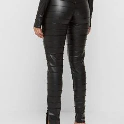 Woman Leggings Ribbed Vegan Leather Leggings - Black