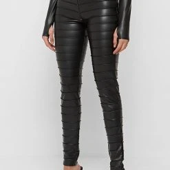 Woman Leggings Ribbed Vegan Leather Leggings - Black
