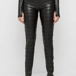 Woman Leggings Ribbed Vegan Leather Leggings - Black