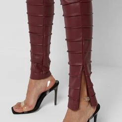 Woman Leggings Ribbed Vegan Leather Leggings - Red