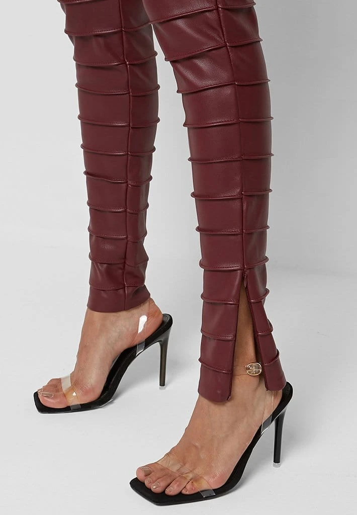Woman Leggings Ribbed Vegan Leather Leggings - Red