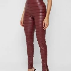 Woman Leggings Ribbed Vegan Leather Leggings - Red
