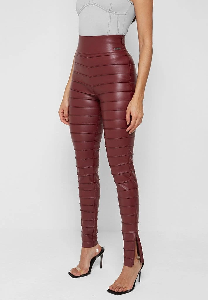 Woman Leggings Ribbed Vegan Leather Leggings - Red