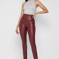 Woman Leggings Ribbed Vegan Leather Leggings - Red