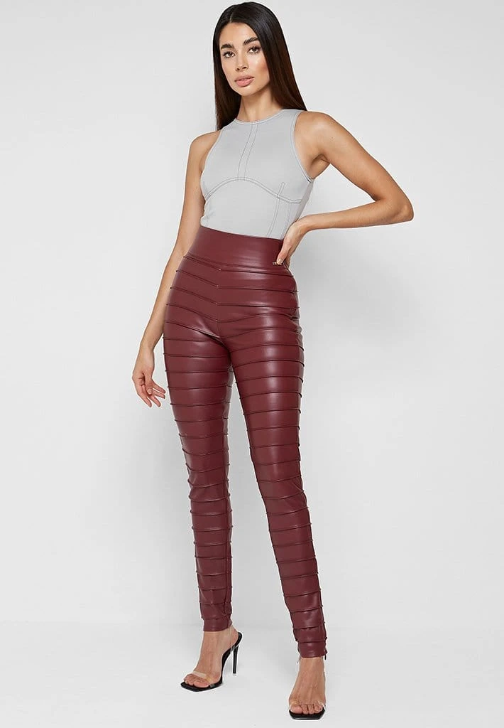 Woman Leggings Ribbed Vegan Leather Leggings - Red