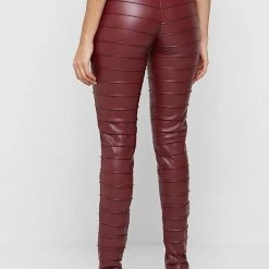 Woman Leggings Ribbed Vegan Leather Leggings - Red