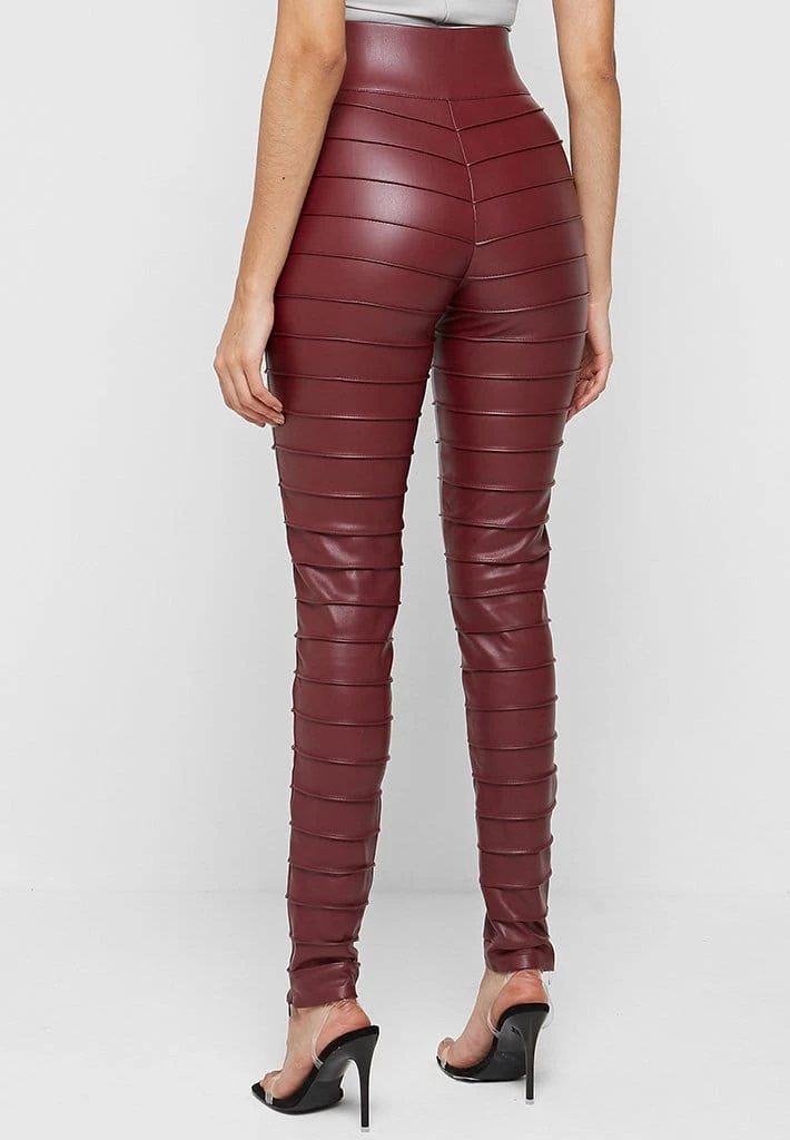 Woman Leggings Ribbed Vegan Leather Leggings - Red