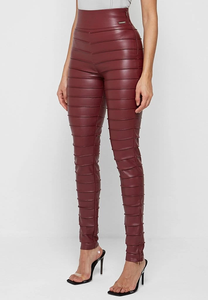 Woman Leggings Ribbed Vegan Leather Leggings - Red