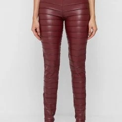 Woman Leggings Ribbed Vegan Leather Leggings - Red