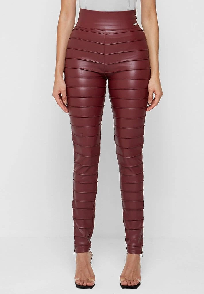 Woman Leggings Ribbed Vegan Leather Leggings - Red