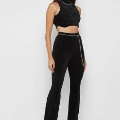 Woman Leggings Ribbed Velour Flared Leggings - Black