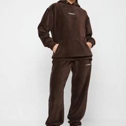 Woman Tracksuits Ribbed Velour Hoodie - Brown