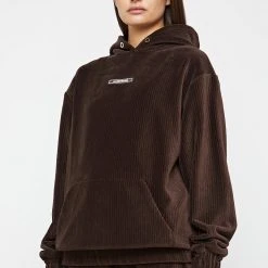Woman Tracksuits Ribbed Velour Hoodie - Brown