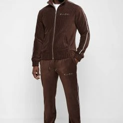 Man Tracksuit Tops Ribbed Velour Track Jacket - Brown TRACKSUITS