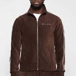 Man Tracksuit Tops Ribbed Velour Track Jacket - Brown TRACKSUITS