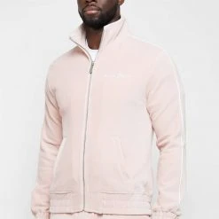 Man Tracksuit Tops Ribbed Velour Track Jacket - Pink