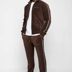 Man Tracksuit Bottoms Ribbed Velour Track Pants - Brown TRACKSUITS