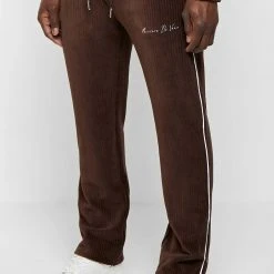 Man Tracksuit Bottoms Ribbed Velour Track Pants - Brown TRACKSUITS