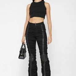 Woman Trousers Ruched Trousers With Knee Patch - Black