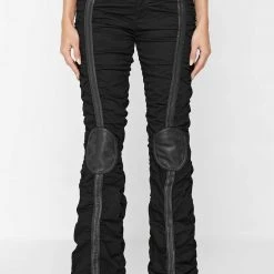 Woman Trousers Ruched Trousers With Knee Patch - Black