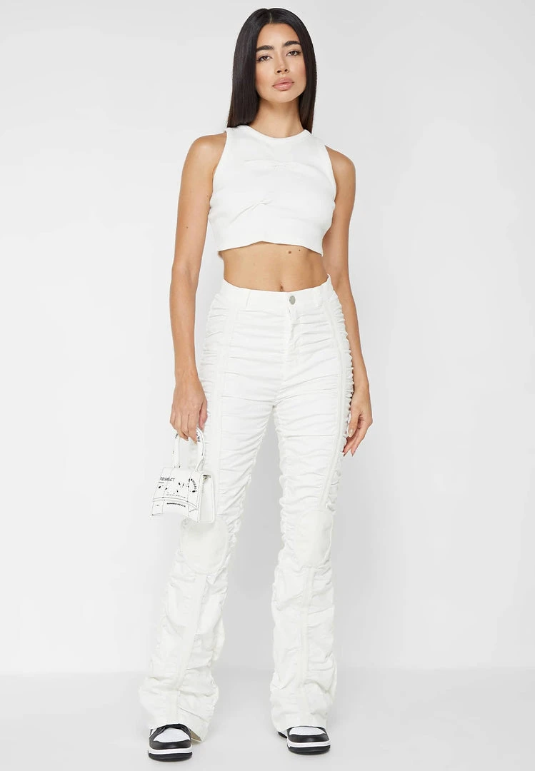 Woman Trousers Ruched Trousers With Knee Patch - White