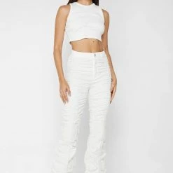 Woman Trousers Ruched Trousers With Knee Patch - White