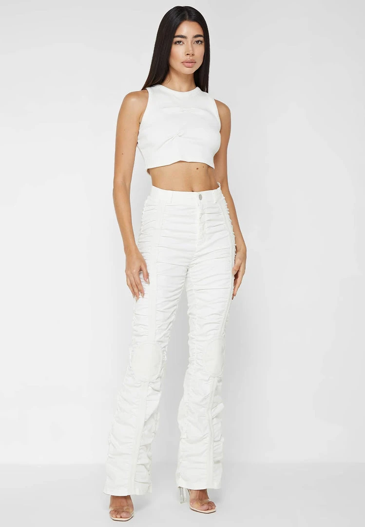 Woman Trousers Ruched Trousers With Knee Patch - White