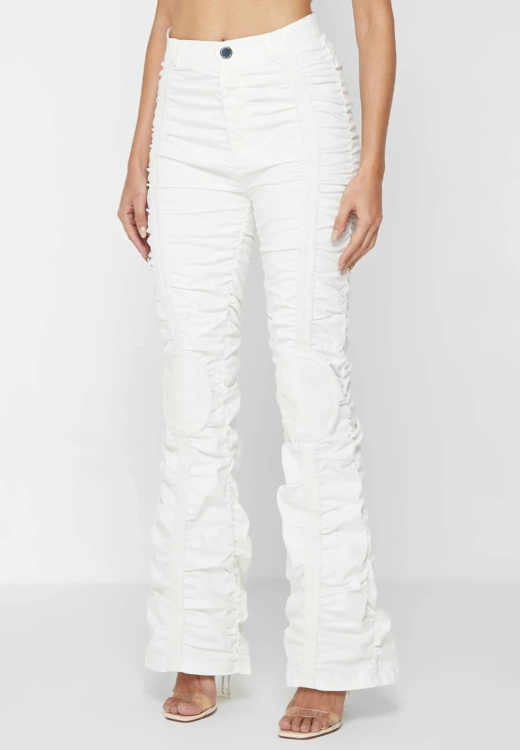 Woman Trousers Ruched Trousers With Knee Patch - White