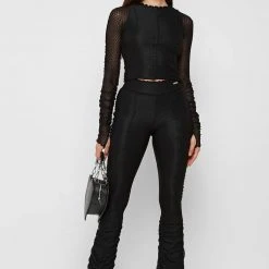 Woman Trousers Ruched Mesh Flared Trousers - Black