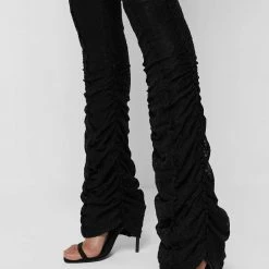 Woman Trousers Ruched Mesh Flared Trousers - Black