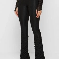 Woman Trousers Ruched Mesh Flared Trousers - Black