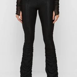 Woman Trousers Ruched Mesh Flared Trousers - Black