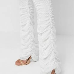 Woman Trousers Ruched Mesh Flared Trousers - White
