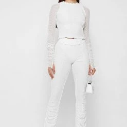 Woman Trousers Ruched Mesh Flared Trousers - White