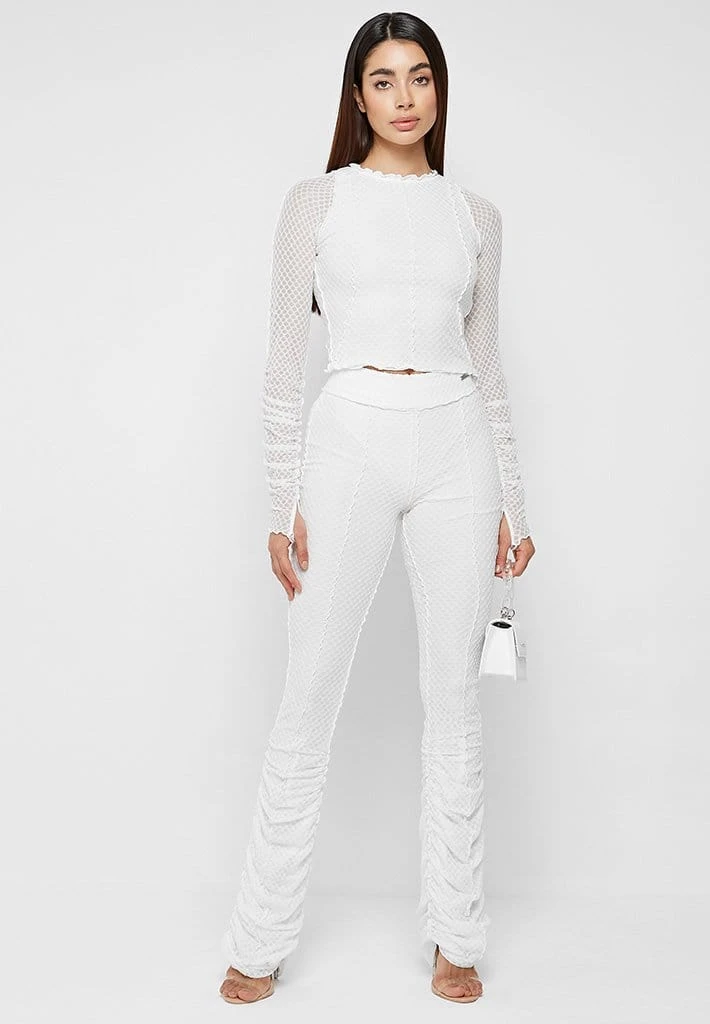 Woman Trousers Ruched Mesh Flared Trousers - White